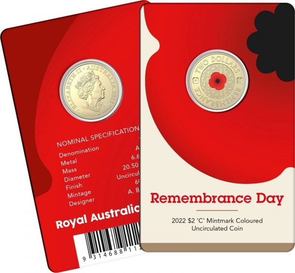2022 $2 Red Poppy 'C' Mintmark Coloured Uncirculated Coin