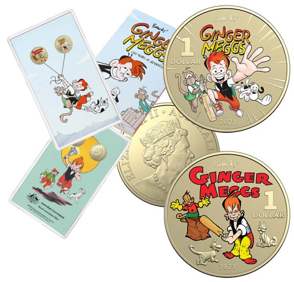 2021 $1 Centenary of Ginger Meggs Coloured AlBr 2 Coin Set