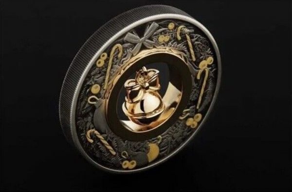 2022 Jingle Bell 2oz Silver 24K Gold Inlay Antiqued Coloured Coin - Perth Mint - Image 3