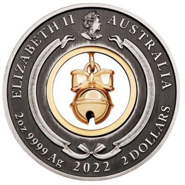 2022 Jingle Bell 2oz Silver 24K Gold Inlay Antiqued Coloured Coin - Perth Mint - Image 2