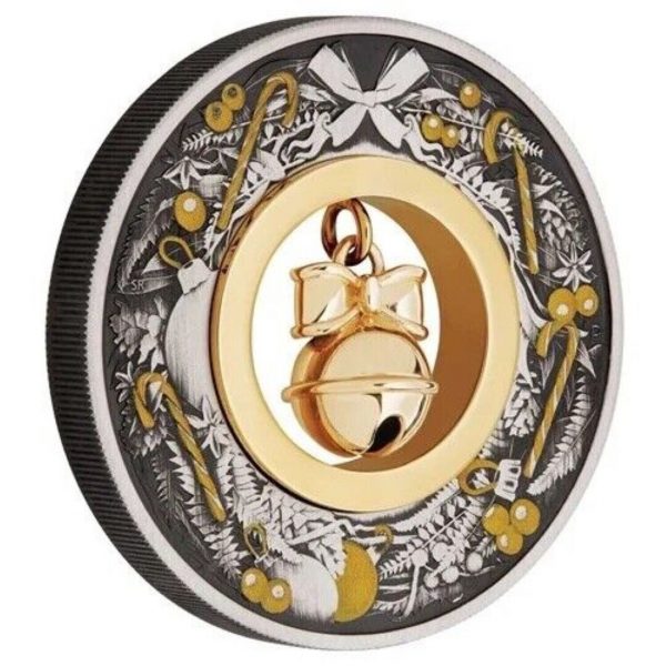 2022 Jingle Bell 2oz Silver 24K Gold Inlay Antiqued Coloured Coin - Perth Mint