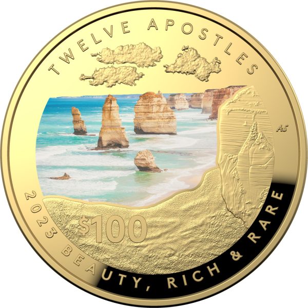 2023 $100 Gold Coloured Proof Domed Coin – Beauty, Rich & Rare – Twelve Apostles