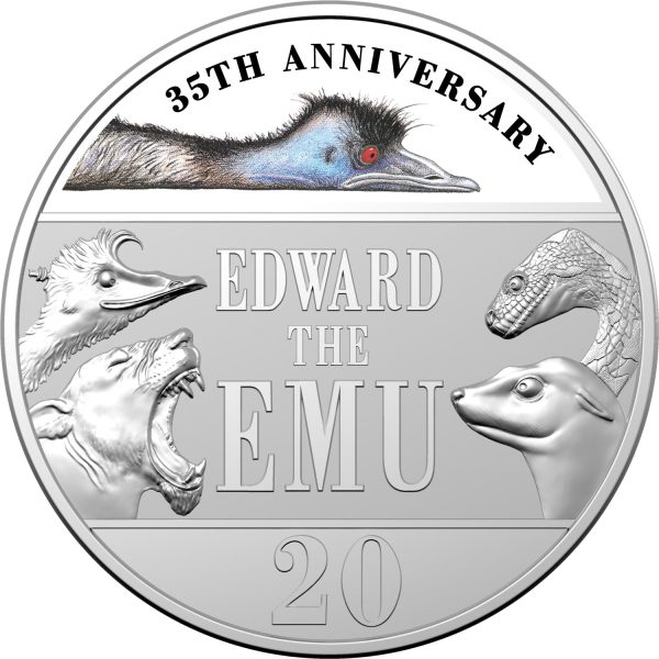 2023 20 cent 35th Anniversary of Edward the Emu Coloured CuNi UNC Coin in BOOK - Image 2