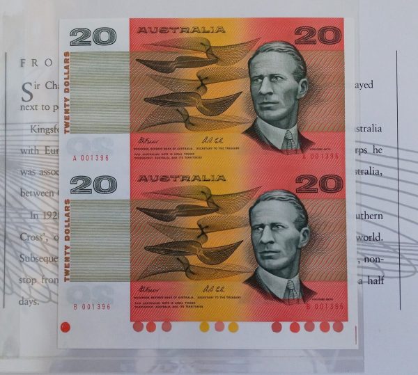 1993 NPA Australia $20 Uncut Vertical Pair Gold Serials & Folder Rare Banknotes