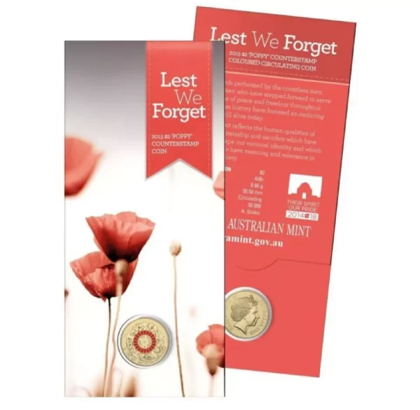 2015 $2 Lest We Forget Counterstamp Poppy Coin War Graves UNC In Card -Last One! - Image 2