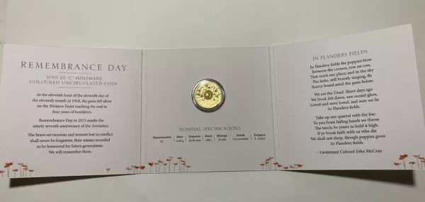 2015 $2 RAM Remembrance Day Flanders Fields C Mintmark Coloured Carded Coin - Image 2