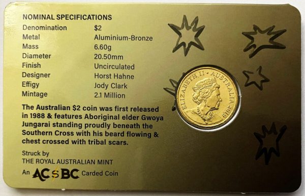 2019 $2 Aboriginal Elder JC effigy - UNC on card - Nice collectable - Image 2