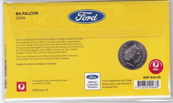 2019 Ford BA Falcon 2006 FDC/PNC With Coloured RAM 50c Coin - Only 7500 Minted - Image 3