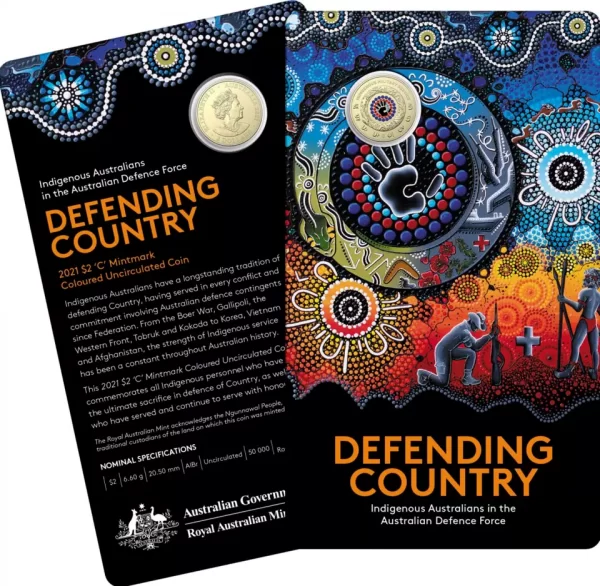 2021 $2 'C' Mintmark Coloured Uncirculated Coin Indigenous Services Defending Country