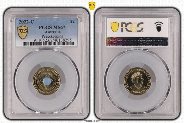 2022 Australia $2 ‘C’ Mintmark Peacekeeping Coin PCGS MS67 Gold Shield