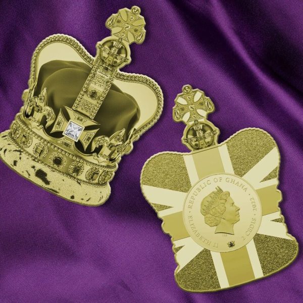 2022 Queen Elizabeth Coronation Crown Jeweled 24k Gilded Coin - Low 999 mintage - Image 2